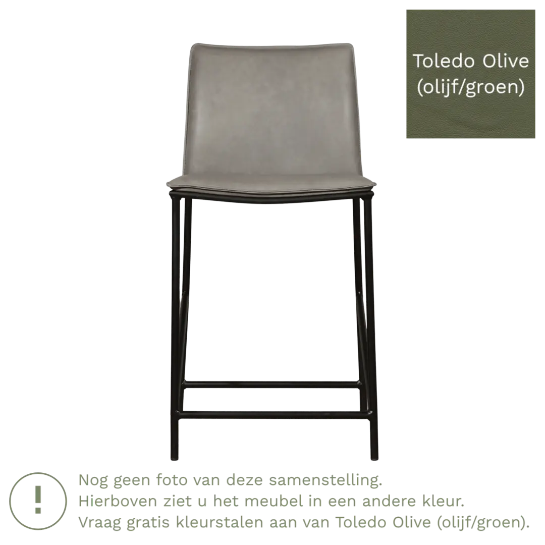 afbeelding van Leren barkruk laag Favor - Toledo Olive (olijf/groen) - poten staal rond zwart